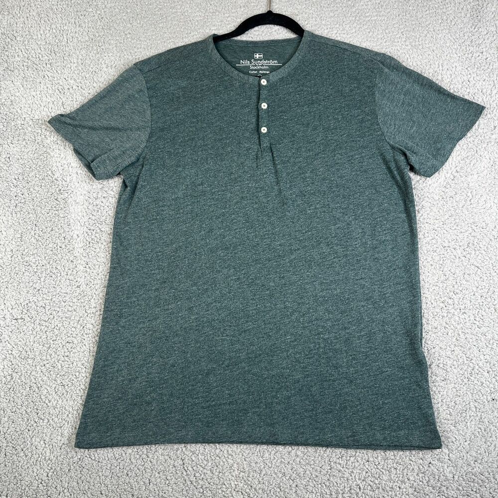 NILS Sundstrom T Shirt Mens Large Green Short Sleeve Pullover Button Casual